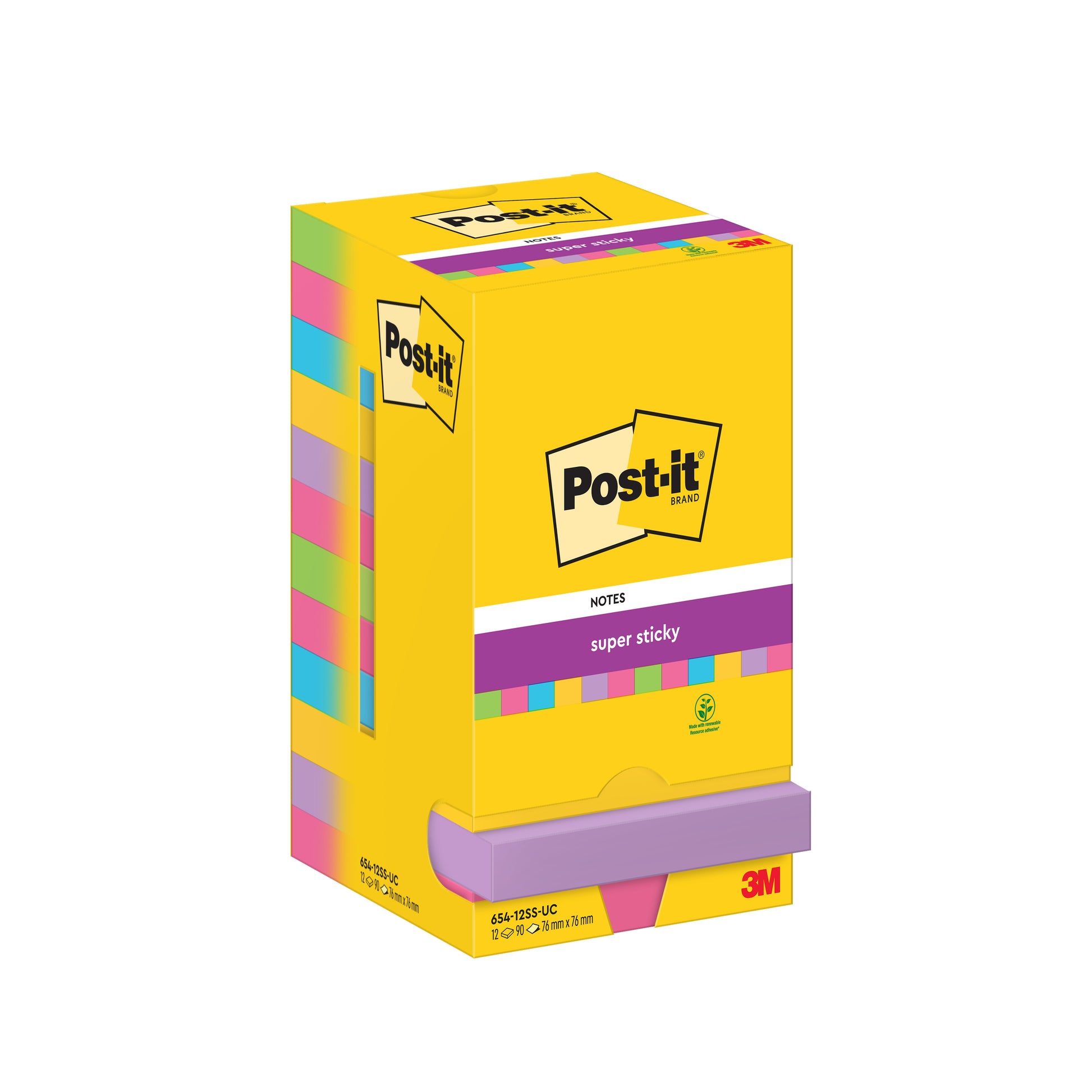 Ein 5er-Pack Post-it® Super Sticky Notes der 3M Deutschland GmbH, jeweils 76 mm x 76 mm mit 90 Blatt pro Block, befindet sich in einer gelben Schachtel mit dem Post-it-Logo und Produktangaben auf der Vorder- und Rückseite.