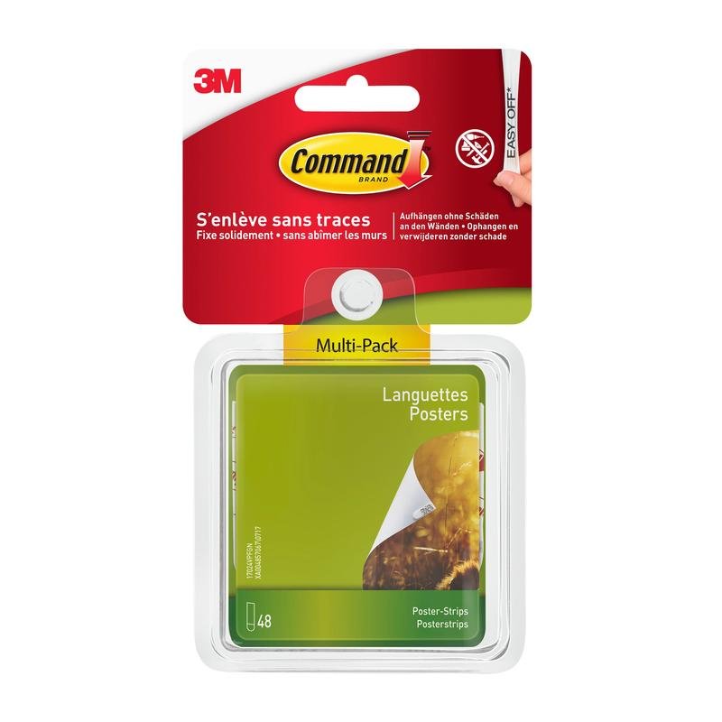 Yksi 3M Deutschland GmbH:n Command™ Poster-Strips -etupakkaus (17024-VP) sisältää 48 liimatarraa julisteiden kiinnittämiseen ilman porausta, monivärisellä pakkauksella ja ranskankielisellä-englanninkielisellä merkinnällä.