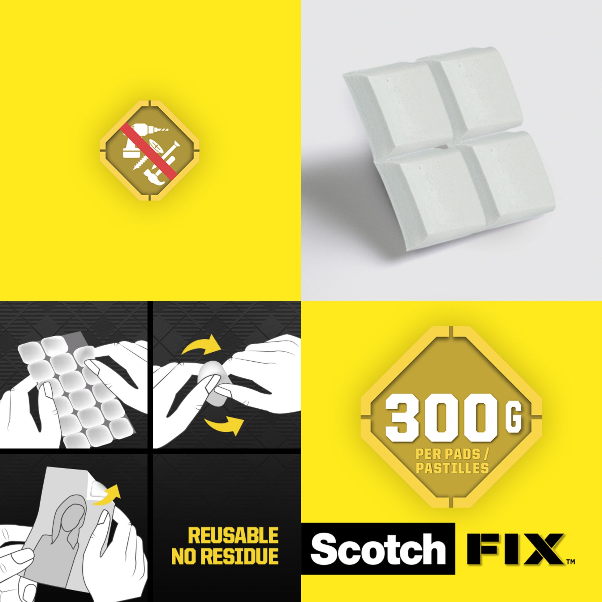 Eine Produktabbildung für 3M Scotch-FIX™ Ablösbare Klebepads 301008C36-P (11x15 mm, 36 Stück/Packung) zeigt weiße Pads, ein "Kein Bohren"-Symbol, Hände, die die Pads anbringen, ein "300 G"-Belastungssymbol, den Text "Wiederverwendbar ohne Rückstände" und das Logo auf gelb-schwarzem Hintergrund.