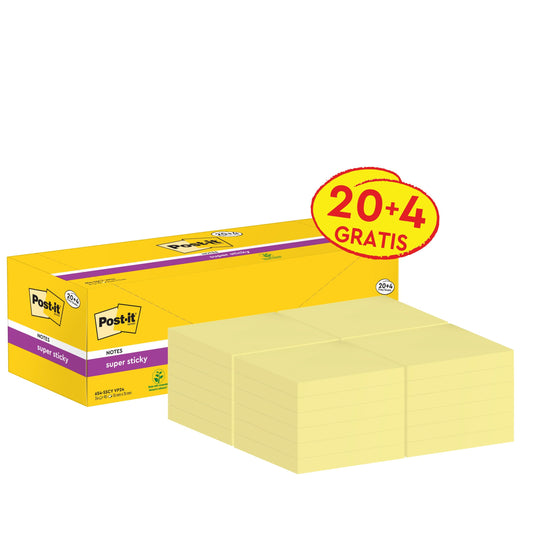 Abgebildet ist eine gelbe Schachtel Post-it® Super Sticky Notes (76 mm x 76 mm, 90 Blatt/Block, 100% PEFC) der 3M Deutschland GmbH mit fünf Stapeln davor; die Schachtel ist mit einem rot-gelben Etikett "20 + 4 GRATIS" versehen.