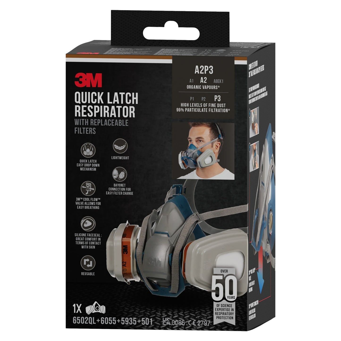 Musta-harmaa laatikko 3M™ Quick Latch -hengityssuojaimelle 6502QLKIT-1 3M Deutschland GmbH:lta vaihdettavilla A2P3-suodattimilla, tuotekuvilla, käyttökuvakkeilla, teknisillä tiedoilla ja valokuvalla henkilöstä, jolla on maski etupuolella.