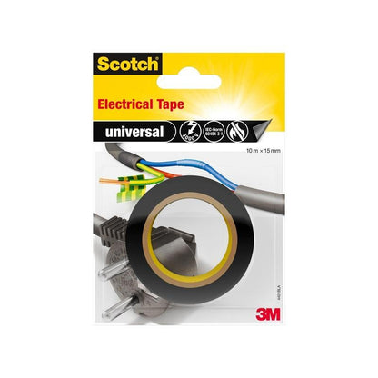 Pakkaus Scotch®-yleiseristysnauhaa (10 m x 15 mm, 1 rulla) 3M Deutschland GmbH:ltä, jossa on musta teippirulla, värillisiä johtoja, pistoke ja etiketti "universal". 3M-logo näkyy oikeassa alakulmassa.