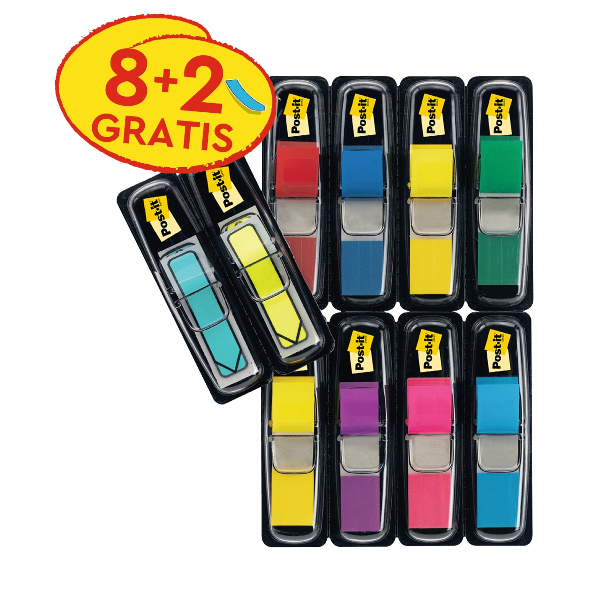 Eine Packung Post-it® Index Haftstreifen Mini in verschiedenen Farben (11,9 mm x 43,2 mm), plus blaue und gelbe Indexpfeile, mit 8 Spendern + 4 gratis pro Packung (Promotion). Marke: 3M Deutschland GmbH.