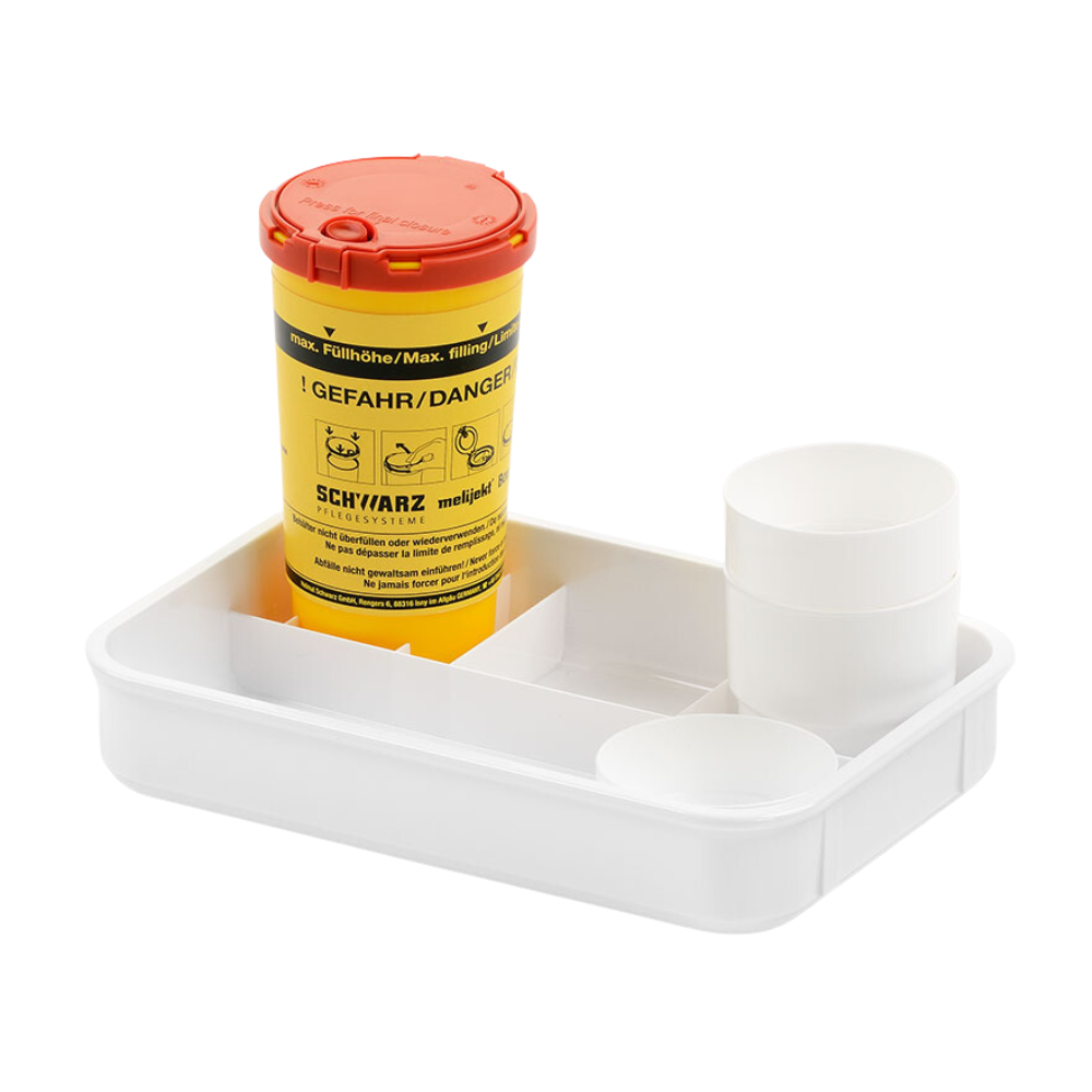 Melijekt-verensokeritabletti E Helmut Schwarz GmbH:ltä on kompakti valkoinen säilytyskotelo, jossa on kelta-punainen sylinterimäinen säiliö, jossa on merkinnät 'Danger' ja 'Schwarz'. Mukana on kaksi valkoista säiliötä eri korkeuksilla, jotka kaikki on tehokkaasti sijoitettu erillisiin lokeroihin. Täydellinen hoitolaitoksiin tai omaan käyttöön.