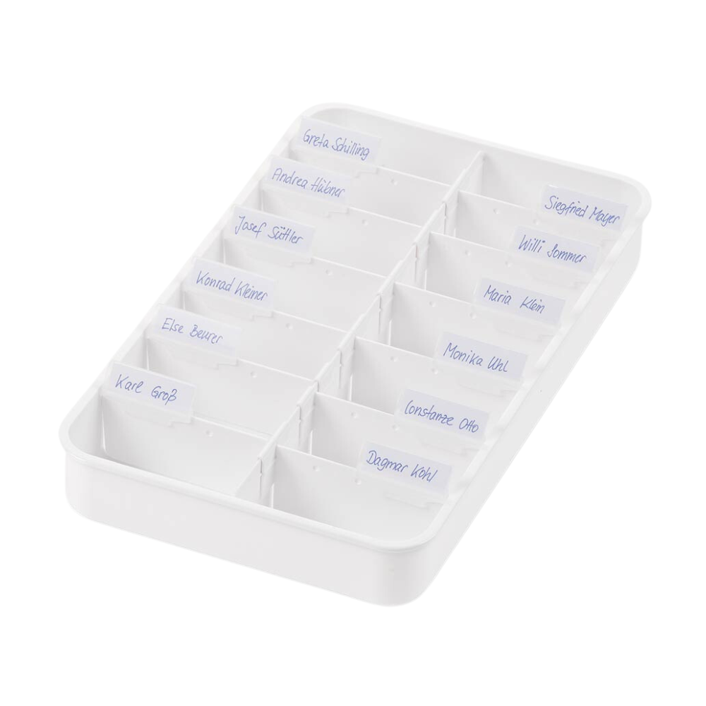 Melipul Anbruchtropfen-tablettina Helmut Schwarz GmbH tarjoaa valkoisen tabletin, jossa on neljätoista sinisellä merkattua lokeroa. Se soveltuu erinomaisesti nestemäisten lääkkeiden järjestämiseen ja on täydellinen pitämään järjestystä ja tehokkuutta hoitolaitoksissa.