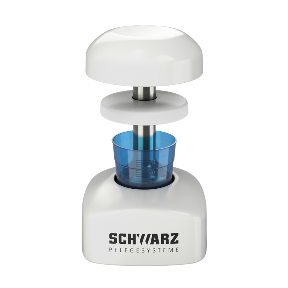 Helmut Schwarz GmbH:n valkoinen, sylinterimäisesti muotoiltu keittiölaite soveltuu täydellisesti hygieeniseen murskaamiseen. Siinä on irrotettava kansi ja läpinäkyvä sininen säiliö mitta-asteikolla, ihanteellinen käytettäväksi melipul Tabletten-Mörser PROFI -laitteena.