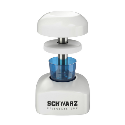 Helmut Schwarz GmbH:n valkoinen, sylinterimäisesti muotoiltu keittiölaite soveltuu täydellisesti hygieeniseen murskaamiseen. Siinä on irrotettava kansi ja läpinäkyvä sininen säiliö mitta-asteikolla, ihanteellinen käytettäväksi melipul Tabletten-Mörser PROFI -laitteena.