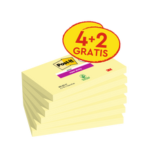 Post-it® Super Sticky Notes, keltainen, 76 mm x 127 mm, tarjous, 90 arkkia/lappu, 4 lappua + 2 vapaata/pakkaus, 100 % PEFC, SGSCH-PEFC-COC-110078 | Pakkaus (6 kpl)