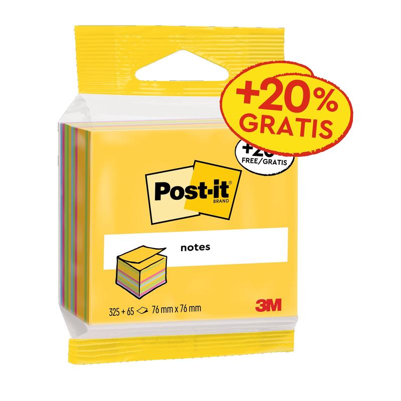 Post-it® Notes-kuutiot, Ultra Colors, 76 mm x 76 mm, 20 % ilmaista kampanjaa, 390 arkkia/tyyny, 1 lappu/pakkaus, 100 % PEFC, SGSCH-PEFC-COC-110078 | Pakkaus (1 setti)