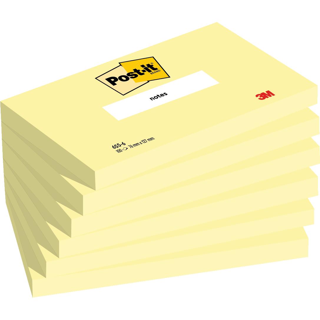 Post-it® muistilaput, kanariankeltainen, 76 mm x 127 mm, 100 arkkia/tyyny, 6 lappua/pakkaus, 100 % PEFC, SGSCH-PEFC-COC-110078 | Pakkaus (6 kpl)
