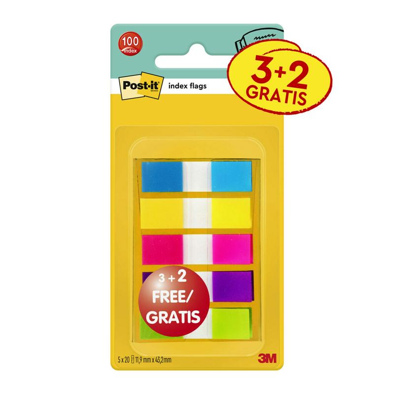Post-it® Index -liimanauhat, mini, erilaisia ​​värejä, 11,9 mm x 43,2 mm, promootio, 60 liimanauhaa + 40 ilmaista/annostelijaa, 1 annostelija/pakkaus | Pakkaus (5 kpl)