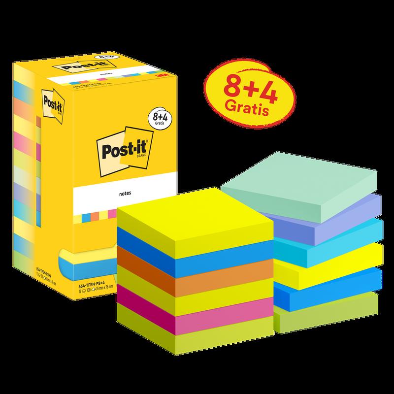 Post-it® muistilaput, energinen kokoelma, 76 mm x 76 mm, tarjous, 90 arkkia/tyyny, 8 tyynyä + 4 vapaata/pakkaus, pahvipakkaus, 100 % PEFC, SGSCH-PEFC-COC-110078 | Pakkaus (12 kpl)