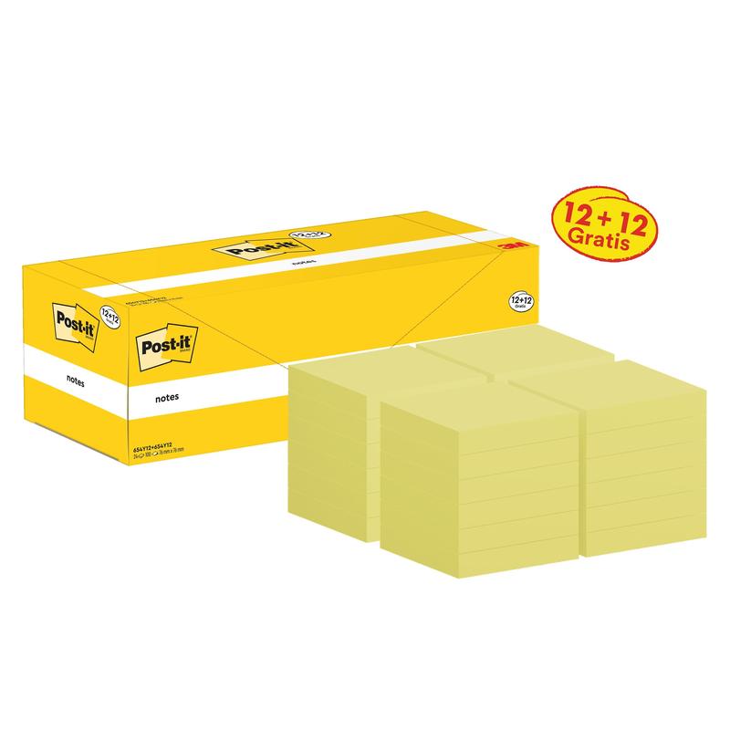 Post-it® muistilaput, keltainen, 76 mm x 76 mm, tarjous, 100 arkkia/tyyny, 12 tyynyä + 12 vapaata/pakkaus, pahvipakkaus, 100 % PEFC, SGSCH-PEFC-COC-110078 | Pakkaus (24 kpl)