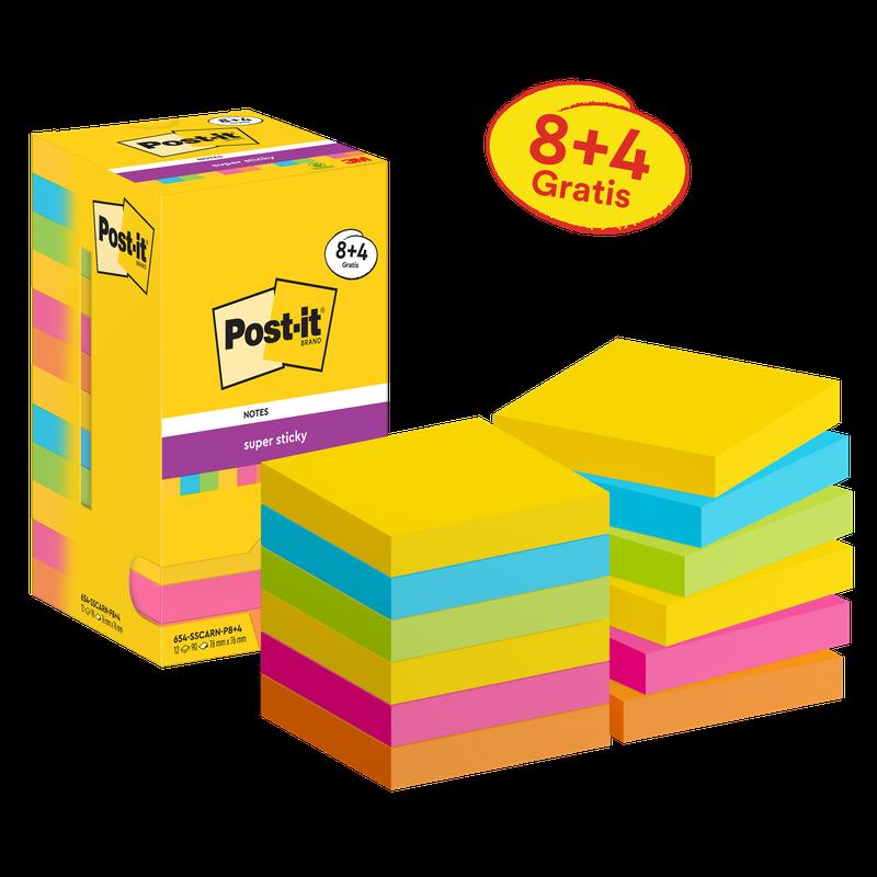 Post-it® Super Tarralaput, Carnival Collection, 76mm x 76mm, Kampanja, 90 arkkia/tyyny, 8 lappua + 4 vapaata/pakkaus, pahvipakkaus, 100 % PEFC, SGSCH-PEFC-COC-110078 | Pakkaus (12 kpl)