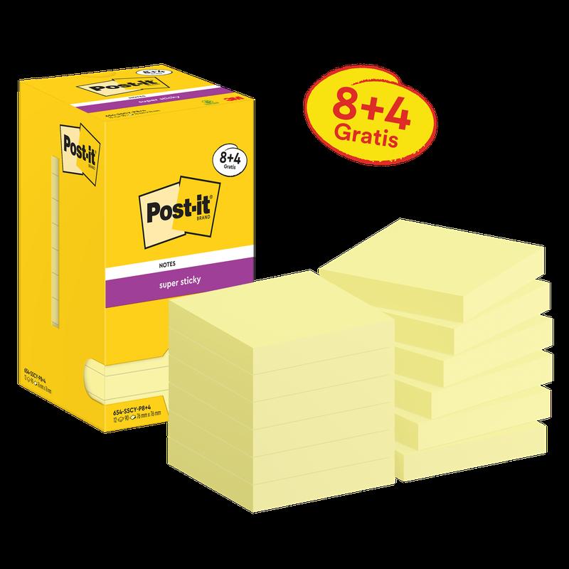 Post-it® Super Sticky Notes, keltainen, 76 mm x 76 mm, tarjous, 90 arkkia/tyyny, 8 lappua + 4 vapaata/pakkaus, pahvipakkaus, 100 % PEFC, SGSCH-PEFC-COC-110078 | Pakkaus (12 kpl)