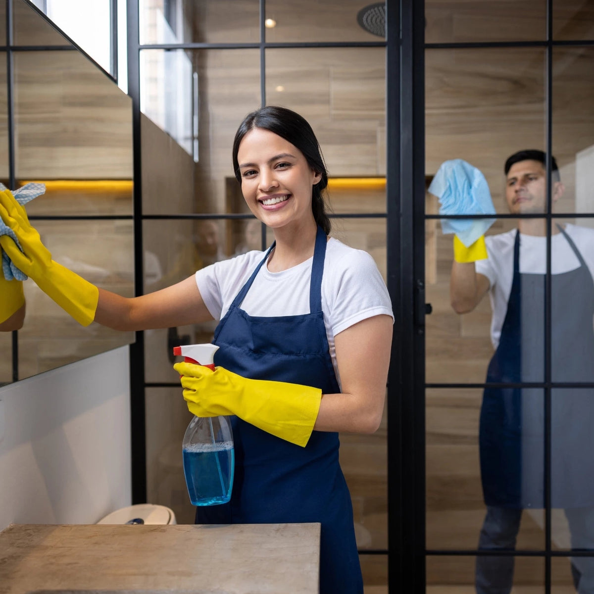 Reinigungskraft mit gelben Handschuhen und Sprühflasche putzt eine Glaswand