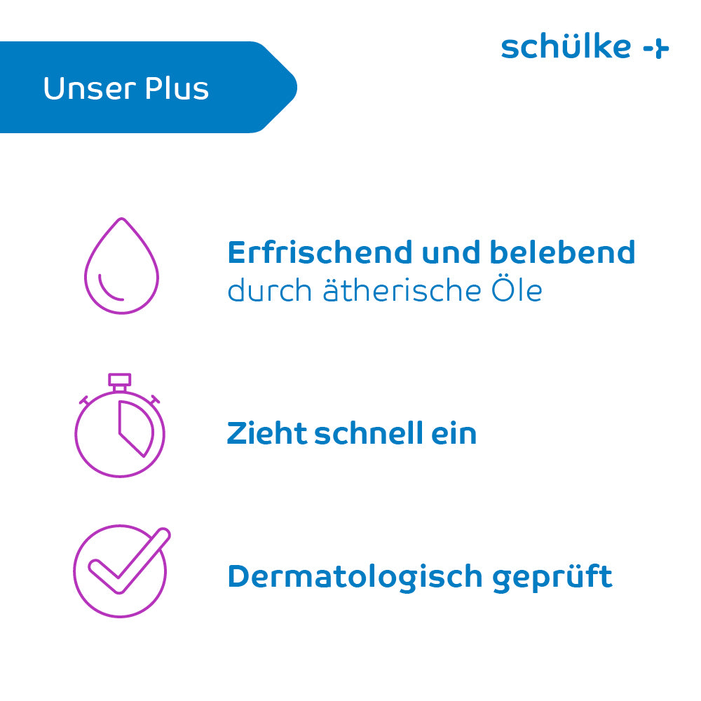 Grafiikka, jossa on saksankielinen teksti Schülke & Mayr GmbH:n, Schülke esemtan® active gel - 500 ml pullon (500 ml) ja kolmen symbolin esittelyyn. Ensimmäinen symboli on pisara, jossa lukee ”Virkistävä ja elvyttävä eteeristen öljyjen avulla.” Toinen symboli on sekuntikello, jossa lukee ”Imeytyy nopeasti.” Kolmas symboli on valintamerkki, jossa lukee ”Dermatologisesti testattu.”