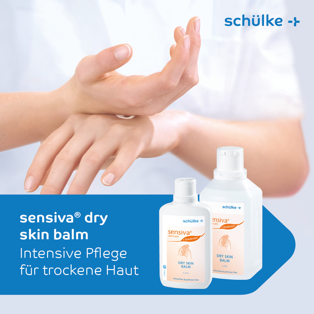 Henkilö levittää Schülke sensiva® dry skin -ihovoidetta käsilleen. Kuvan tekstissä lukee 'schülke sensiva® dry skin -ihovoide, intensiivinen hoito kuivalle iholle'. Etualalla näkyy kaksi tuotepulloa. Hajusteeton ihonhoitokaava tarjoaa intensiivistä kosteutusta kuivalle iholle. Oikeassa yläkulmassa näkyy tuotemerkki 'Schülke & Mayr GmbH'.