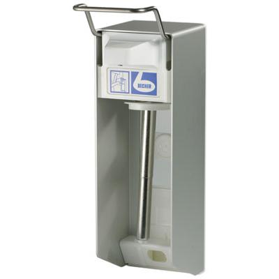 Dr. Becher-seinän annostelija alumiinikotelolla Dr. Becher GmbH:ltä on varustettu hygieenisellä annostelujärjestelmällä ja tyylikkäällä seinäkiinnitykseen tarkoitetulla muotoilulla, jossa on hopeinen vipu. Siinä on valkoinen muovinen etuosa etiketillä ja kestävä metallisuutin saippuan annosteluun.