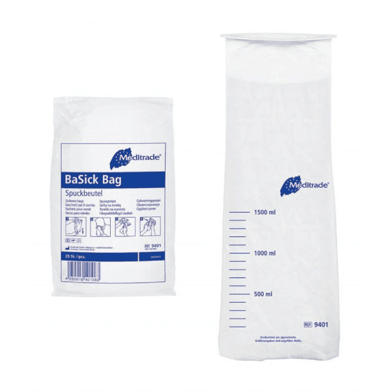 Kaksi kuvaa Meditrade GmbH:n Meditrade BaSick -sylkupussipakkauksesta (25 pussia): 1000 ml:n polyeteenisylkupussi, jossa on sininen teksti; kuvissa näkyy pakkauksen etu- ja takapuolen ulkoasu sekä teksti ja käyttötarkoitus