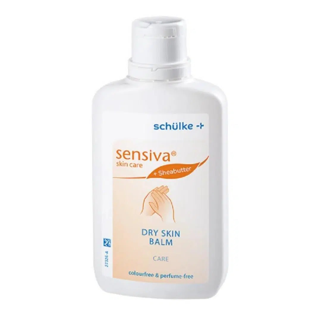 Schülke sensiva® dry skin -ihovoidepullo sheavoilla Schülke & Mayr GmbH:lta. Etiketissä lukee, että se on hajusteeton ja väriaineeton.
